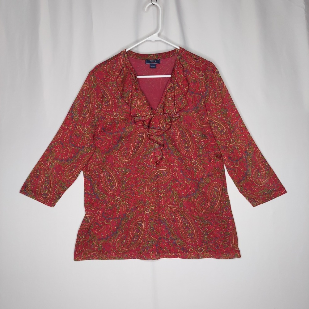 Chaps Mesh Top Women 3X Red Paisley Ruffle Elbow Coastal Cowgirl Country Western